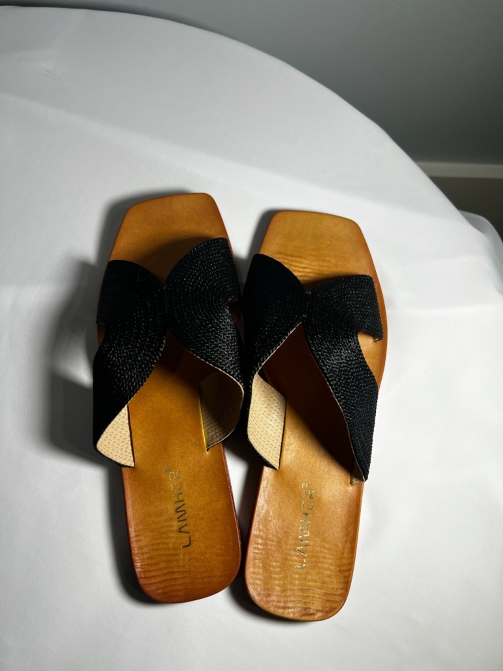 Black Woven Crossover Strap Tan Slide Sandals - Women